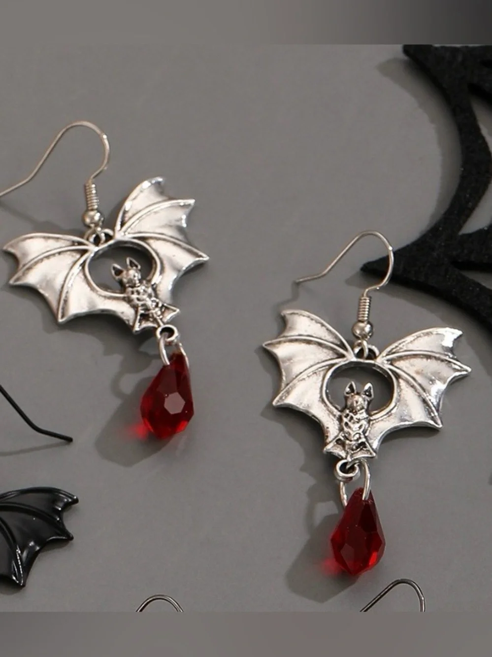 Red Crystal Silver Tone Bat Dangle Earrings Halloween Gothic Vampire Jewelry NEW